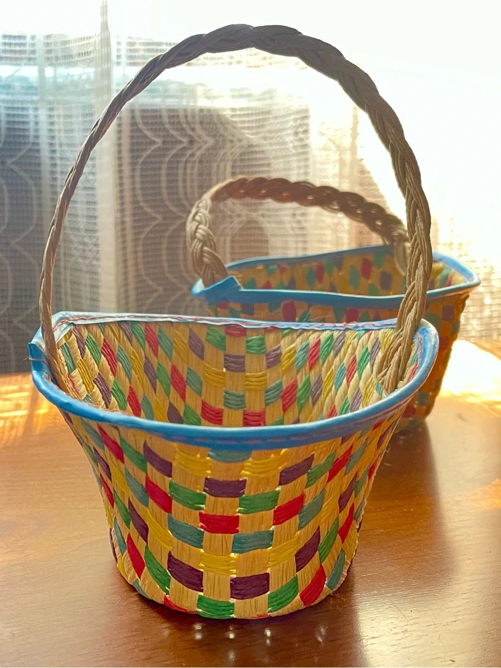Vintage Multicolored Mini Woven Bamboo Baskets (Set of 2)